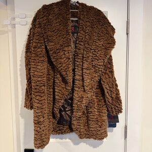 Adrienne Landau Faux Fur Coat Brown Textured Long Sleeve Women’s Size L NWT**
